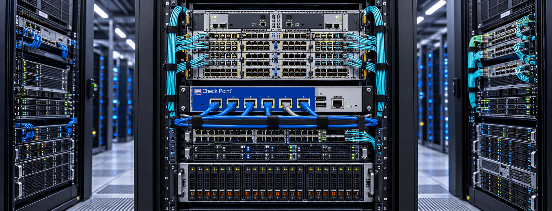 Data centre aisle lined with network racks, with a Check Point firewall appliance and blue and cyan patch cabling in the foreground.