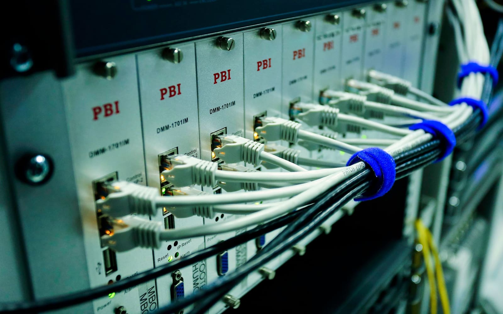 Ethernet patch cables plugged into a network switch panel.